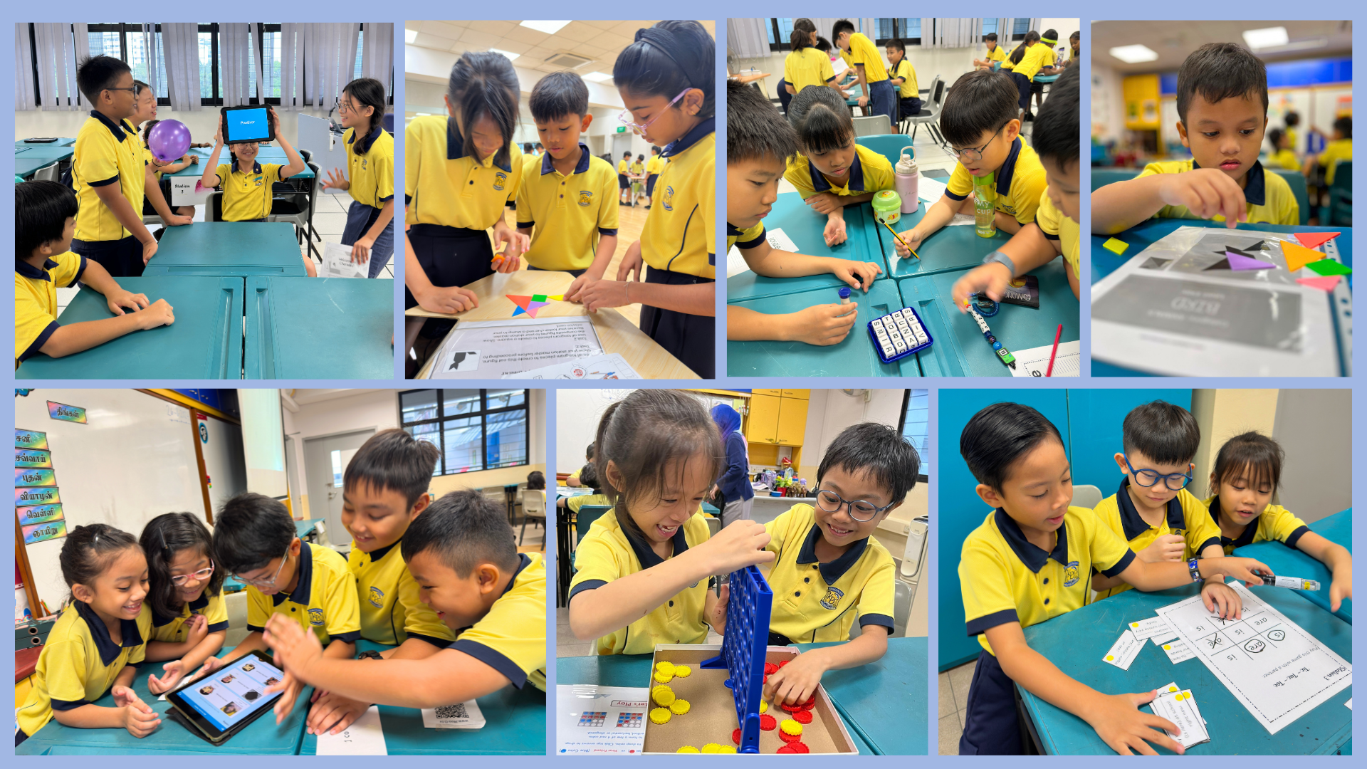 Seven photos of young students in yellow uniforms doing hands-on activities with puzzles, tablets, and board games in a classroom.